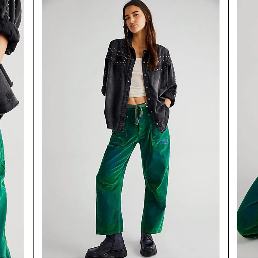 We The Free People Flocked Moxie Barrel Jeans Green